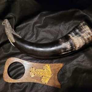 Dragon-Head Mead Horn with Mjölnir Engraved Stand