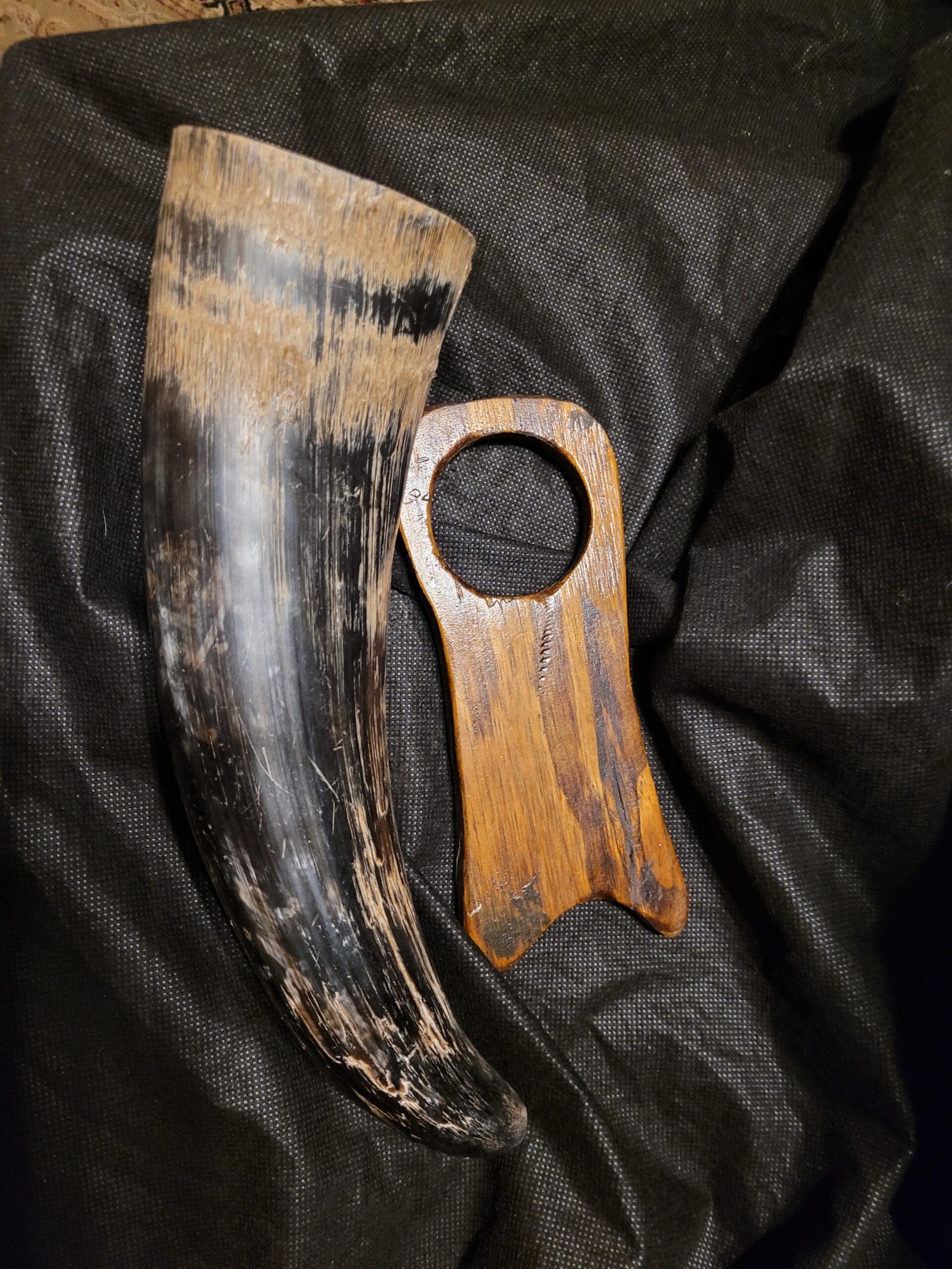 Viking Horn with Custom Rough-Carved Oak Base
